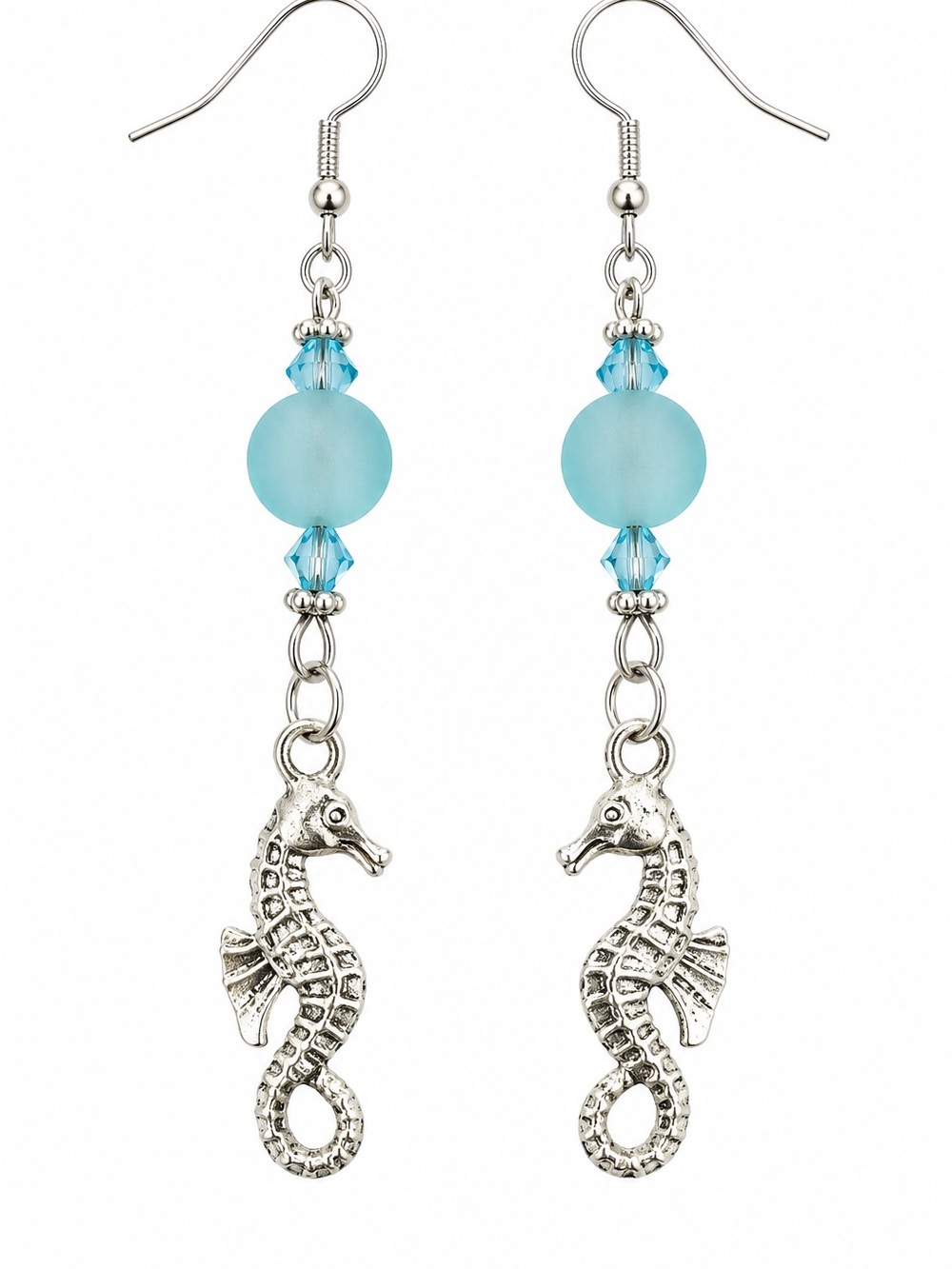 Seahorse with Turquoise Sea Glass and Crystal Bead Earrings